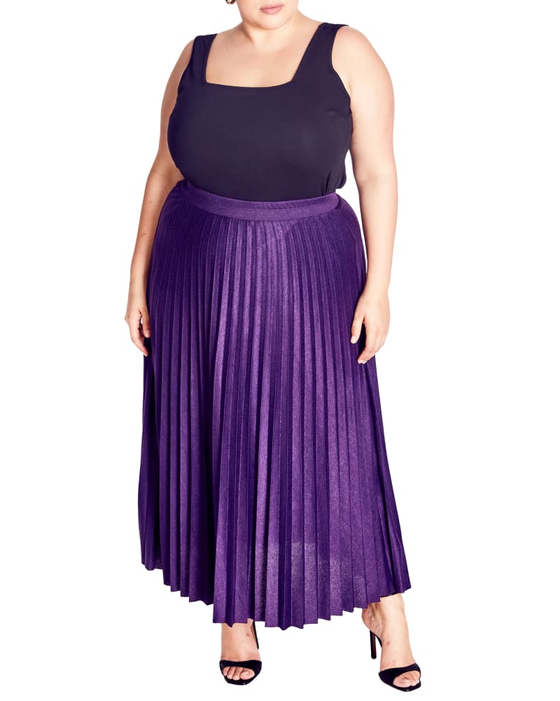 Front of a model wearing a size 14 SKIRT KNIT PLEAT in Purple Velvet by Arna York. | dia_product_style_image_id:256500